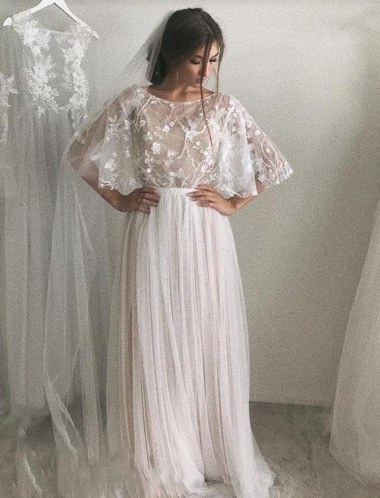 Vestido de novia de media manga, corte A, elegante, sencillo y romántico, de encaje, WD424