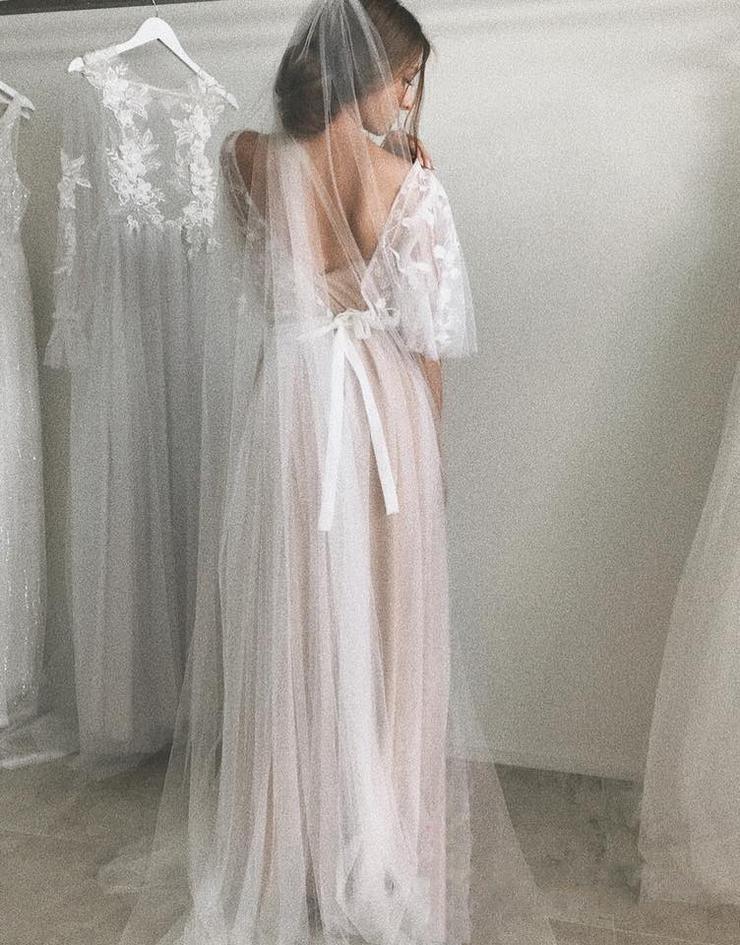 Vestido de novia de media manga, corte A, elegante, sencillo y romántico, de encaje, WD424