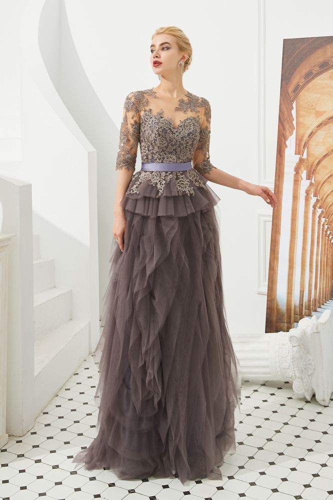 Robe de bal en dentelle florale à manches courtes, robe de soirée longue en fourrure