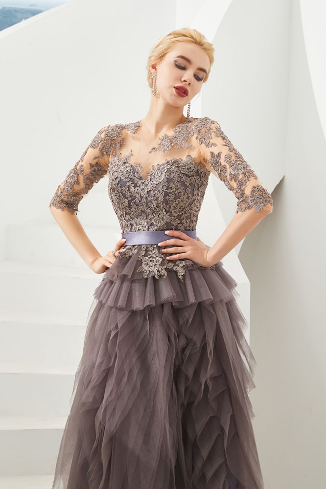 Robe de bal en dentelle florale à manches courtes, robe de soirée longue en fourrure
