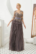 Robe de bal en dentelle florale à manches courtes, robe de soirée longue en fourrure