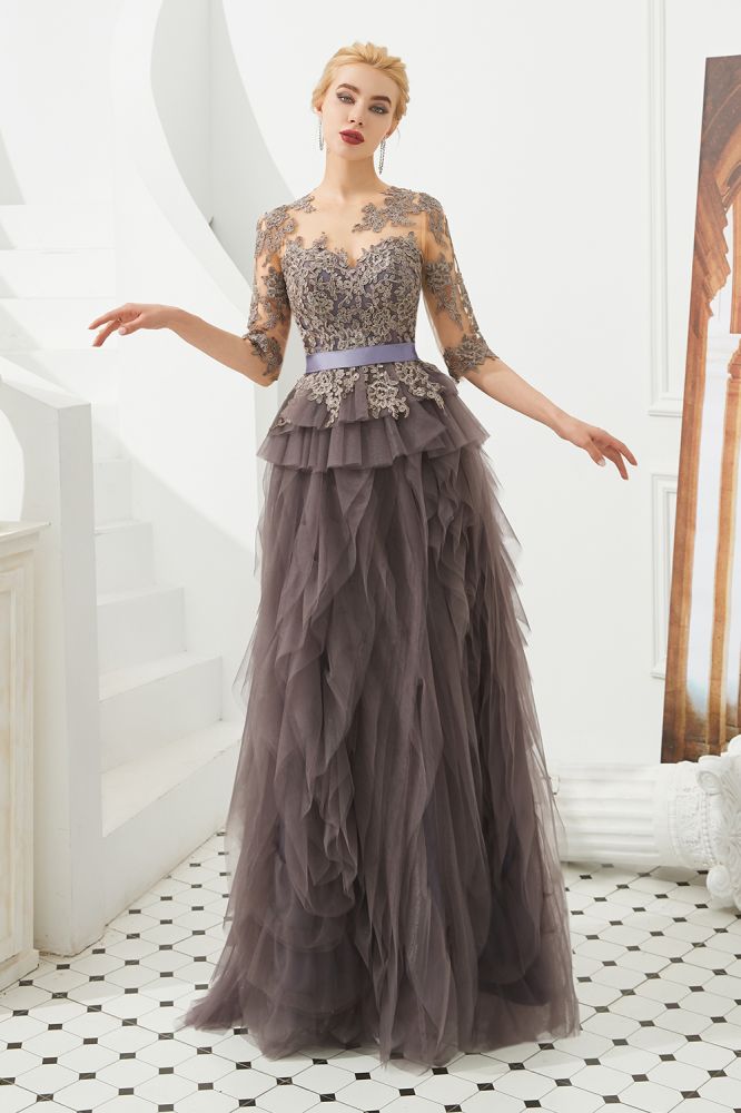 Robe de bal en dentelle florale à manches courtes, robe de soirée longue en fourrure