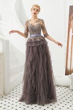 Robe de bal en dentelle florale à manches courtes, robe de soirée longue en fourrure