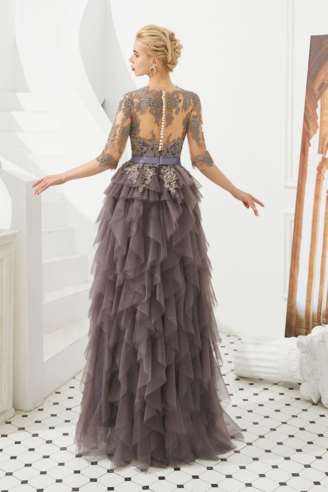 Robe de bal en dentelle florale à manches courtes, robe de soirée longue en fourrure