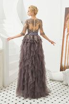 Robe de bal en dentelle florale à manches courtes, robe de soirée longue en fourrure
