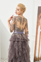 Robe de bal en dentelle florale à manches courtes, robe de soirée longue en fourrure