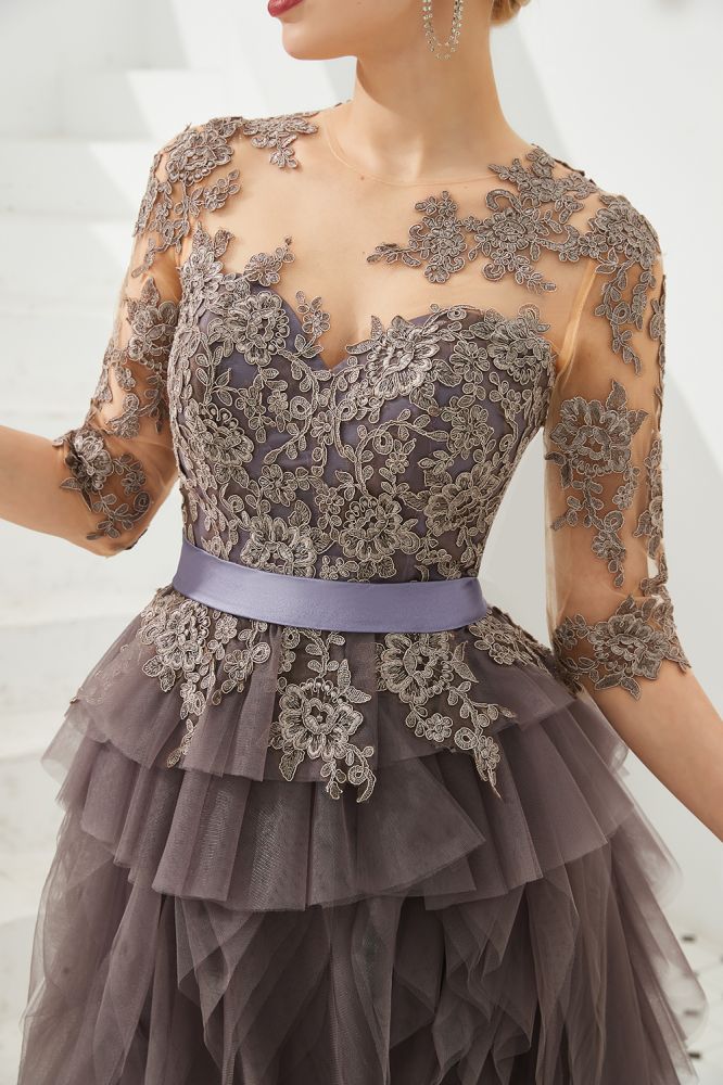Robe de bal en dentelle florale à manches courtes, robe de soirée longue en fourrure