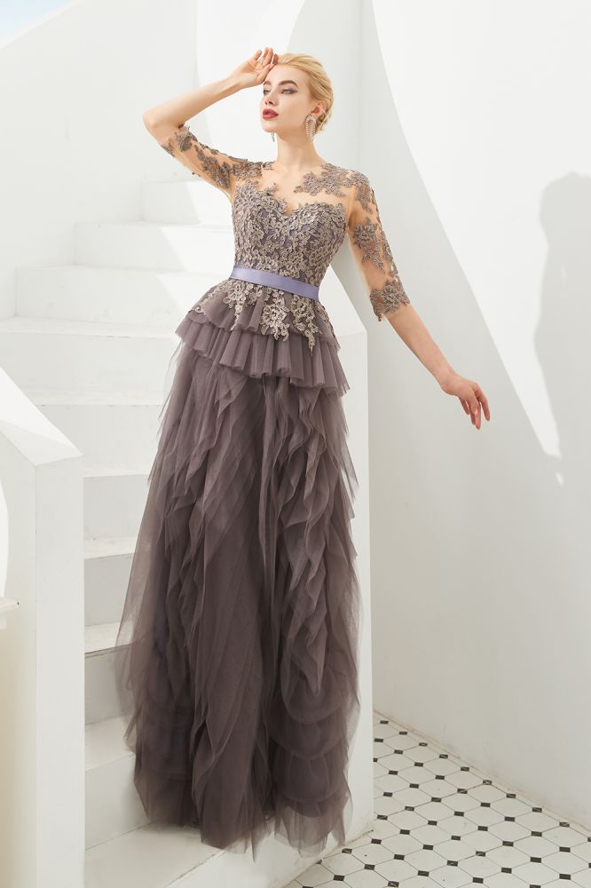 Robe de bal en dentelle florale à manches courtes, robe de soirée longue en fourrure