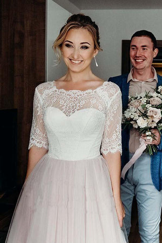 Vestido de novia rosa de manga corta, espalda descubierta y cordones hasta el suelo WD367