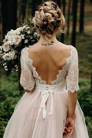 Vestido de novia rosa de manga corta, espalda descubierta y cordones hasta el suelo WD367