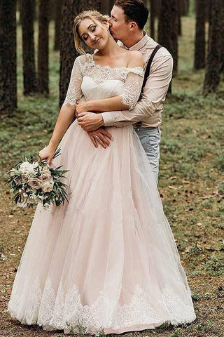 Vestido de novia rosa de manga corta, espalda descubierta y cordones hasta el suelo WD367