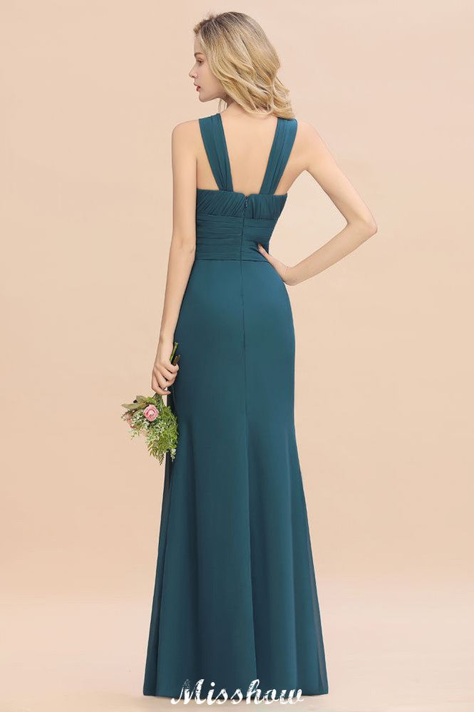 Vestidos de dama de honor corte halter, estilo línea A, largos hasta el suelo para la fiesta de bodas