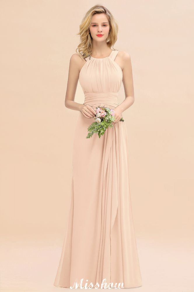 Vestidos de dama de honor corte halter, estilo línea A, largos hasta el suelo para la fiesta de bodas