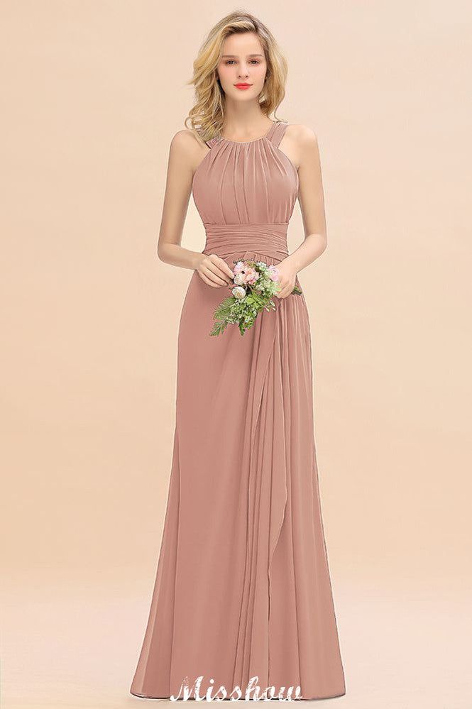 Vestidos de dama de honor corte halter, estilo línea A, largos hasta el suelo para la fiesta de bodas