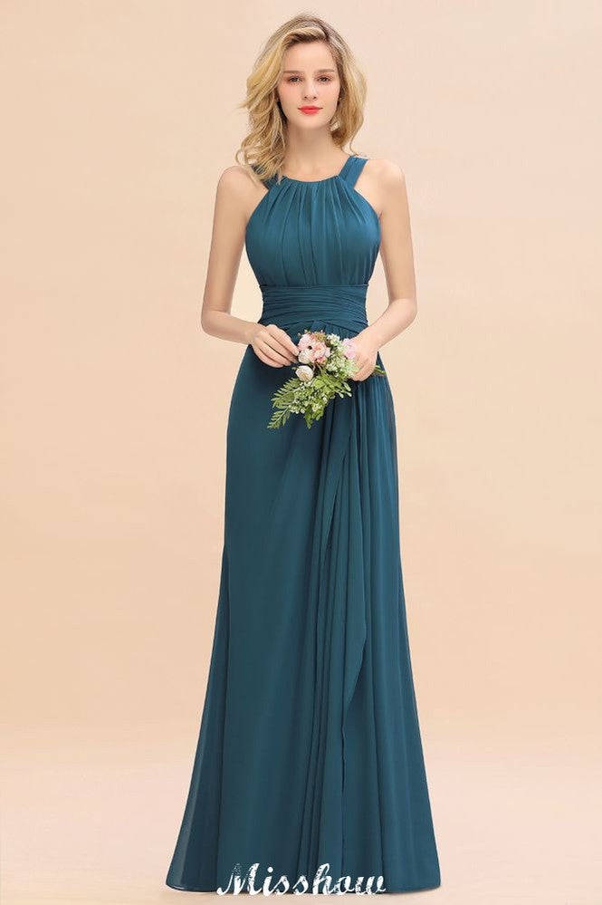 Vestidos de dama de honor corte halter, estilo línea A, largos hasta el suelo para la fiesta de bodas