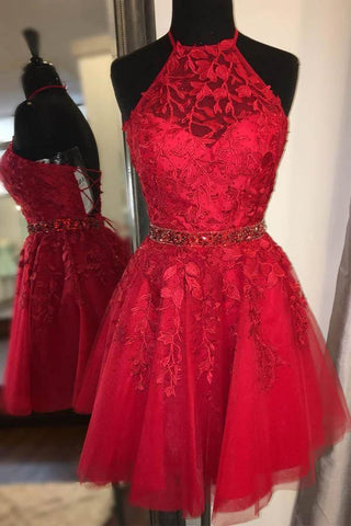 Vestido corto amarillo de fiesta con apliques y cuello halter, con cinturón de cuentas PD323