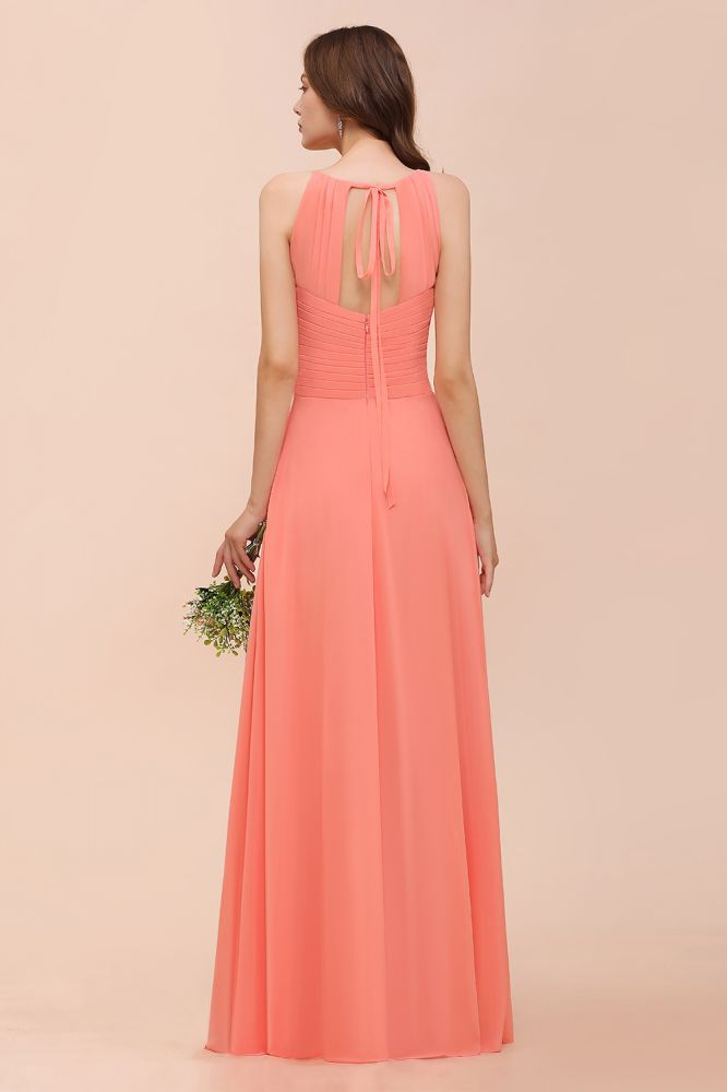 Robe de demoiselle d'honneur dos nu, couleur corail, longueur au sol, pour mariage.