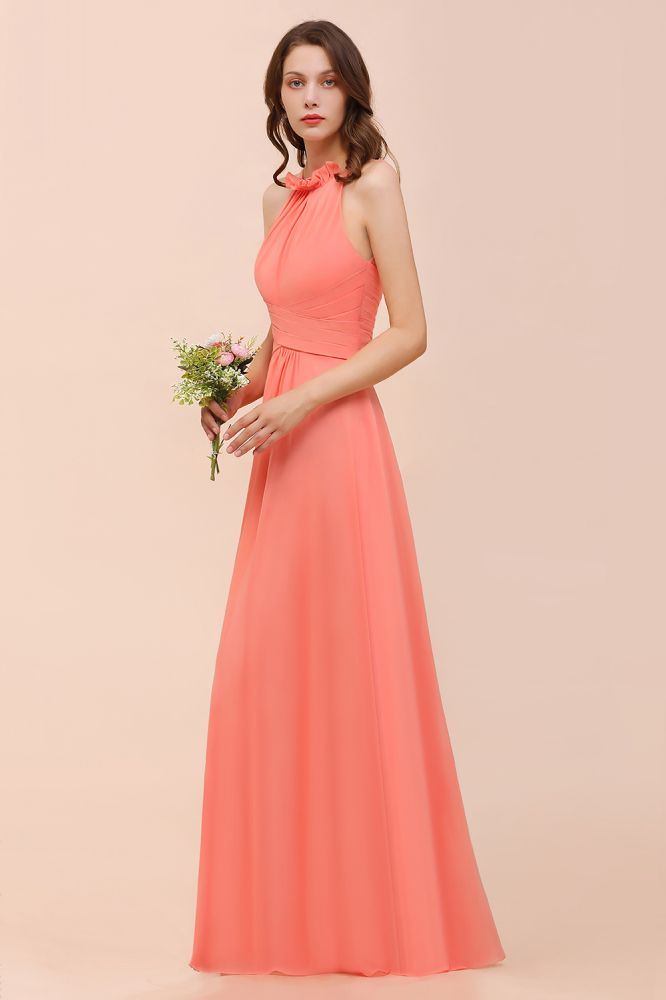 Robe de demoiselle d'honneur dos nu, couleur corail, longueur au sol, pour mariage.