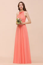Robe de demoiselle d'honneur dos nu, couleur corail, longueur au sol, pour mariage.