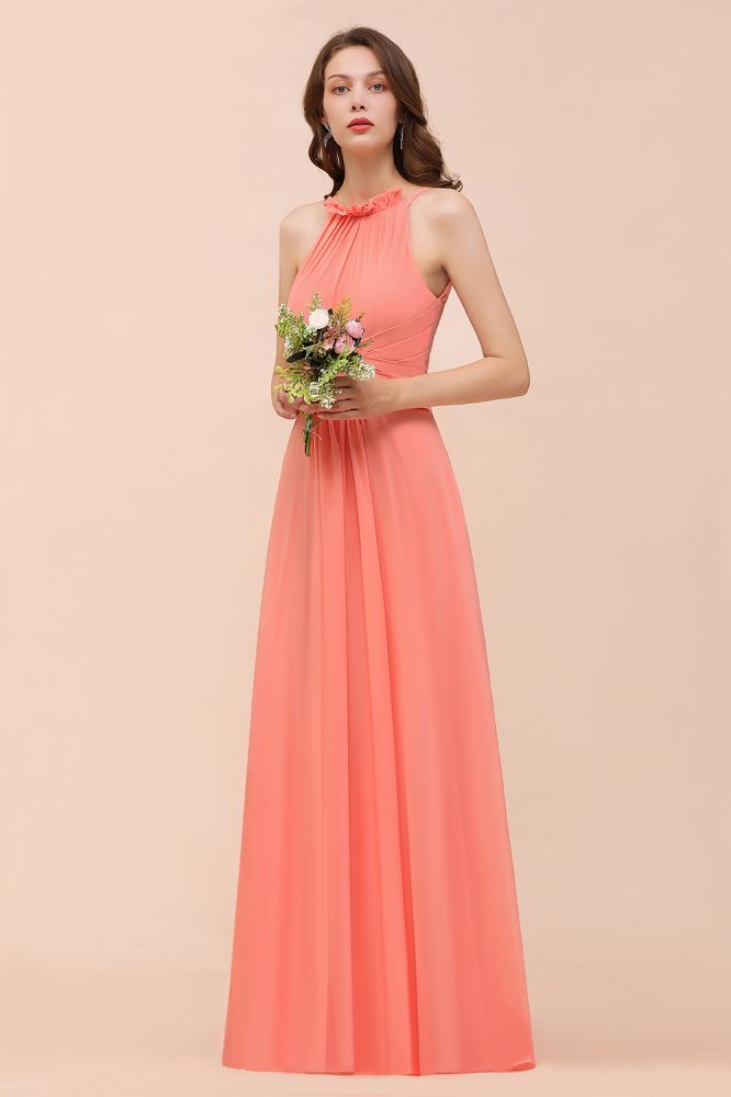 Vestido de dama de honor playero color coral, largo hasta el suelo, ideal para niñas.