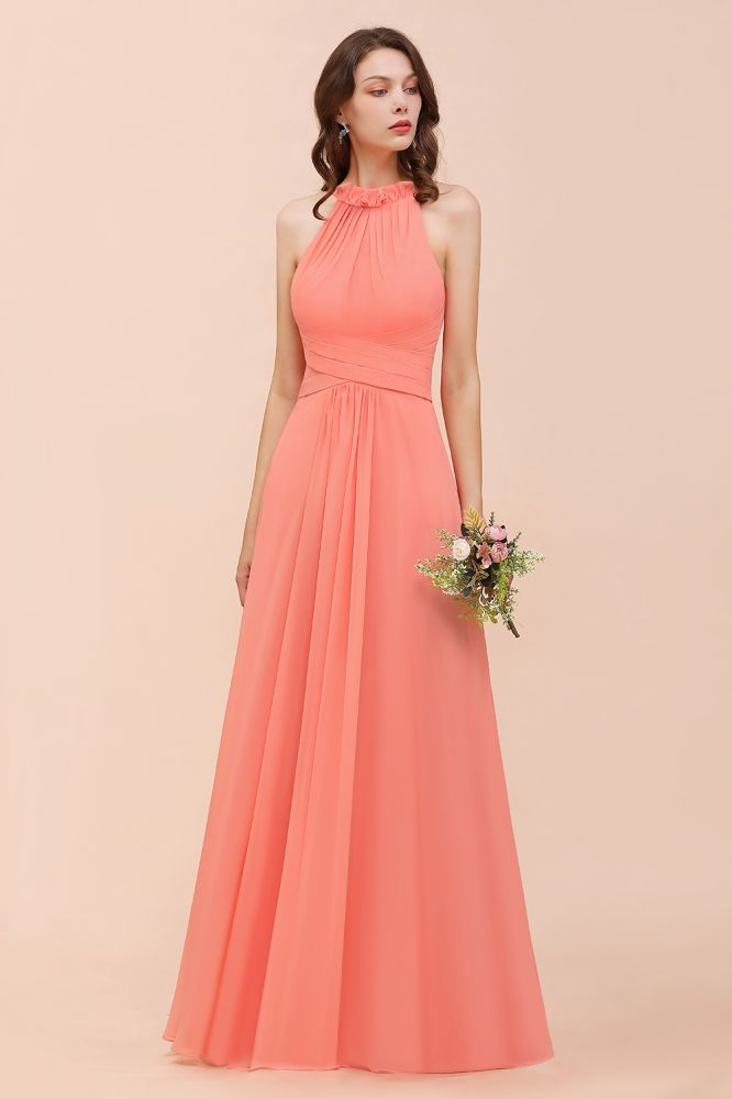 Robe de demoiselle d'honneur dos nu, couleur corail, longueur au sol, pour mariage.