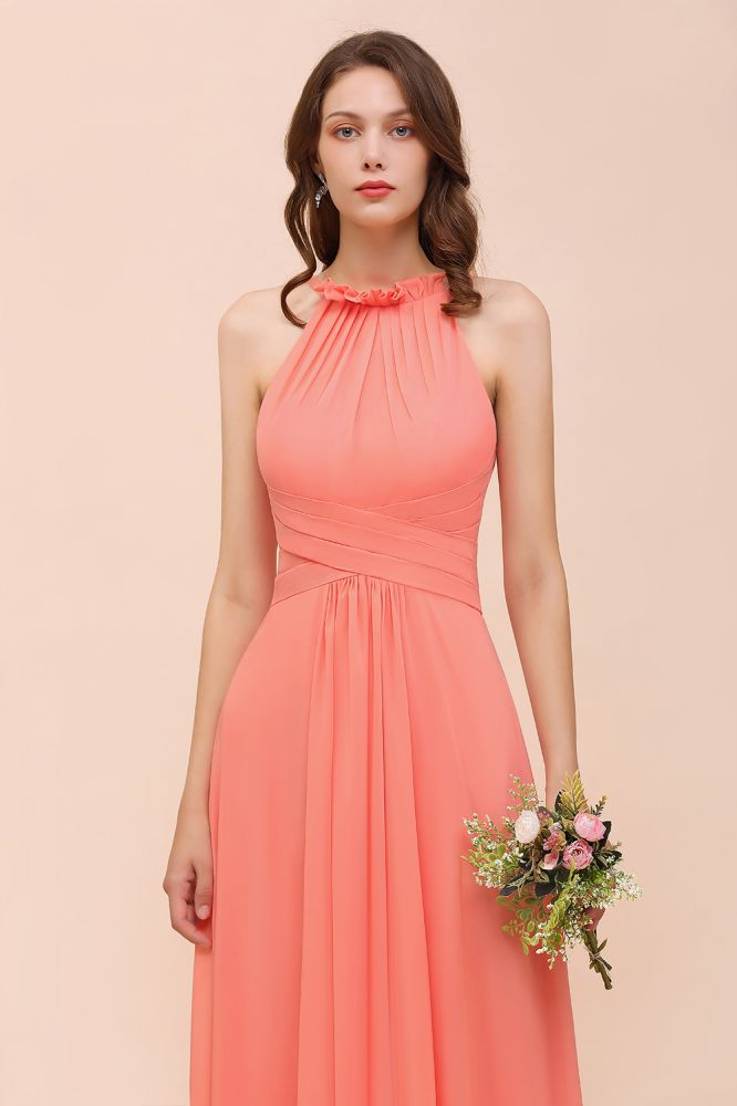 Robe de demoiselle d'honneur dos nu, couleur corail, longueur au sol, pour mariage.