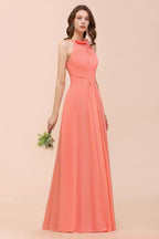 Robe de demoiselle d'honneur dos nu, couleur corail, longueur au sol, pour mariage.