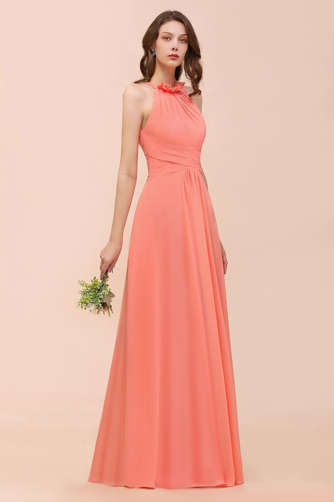 Robe de demoiselle d'honneur dos nu, couleur corail, longueur au sol, pour mariage.
