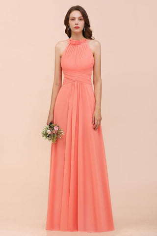 Robe de demoiselle d'honneur dos nu, couleur corail, longueur au sol, pour mariage.