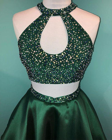 Halter Beaded Green Satin Two Piece Homecoming Dress Short Prom Dress PD358