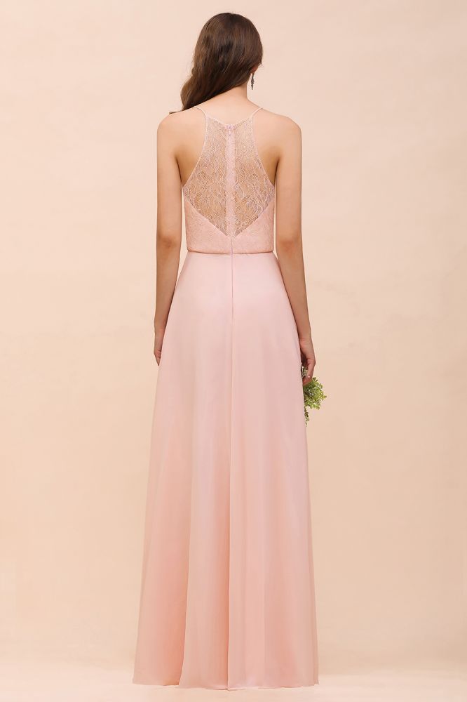 Vestido de dama de honor rosa con escote halter, largo hasta el suelo, para eventos formales.