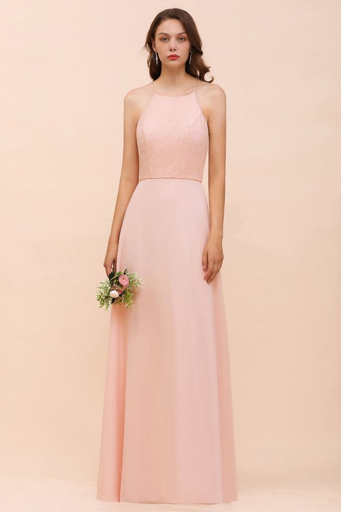 Vestido de dama de honor rosa con escote halter, largo hasta el suelo, para eventos formales.