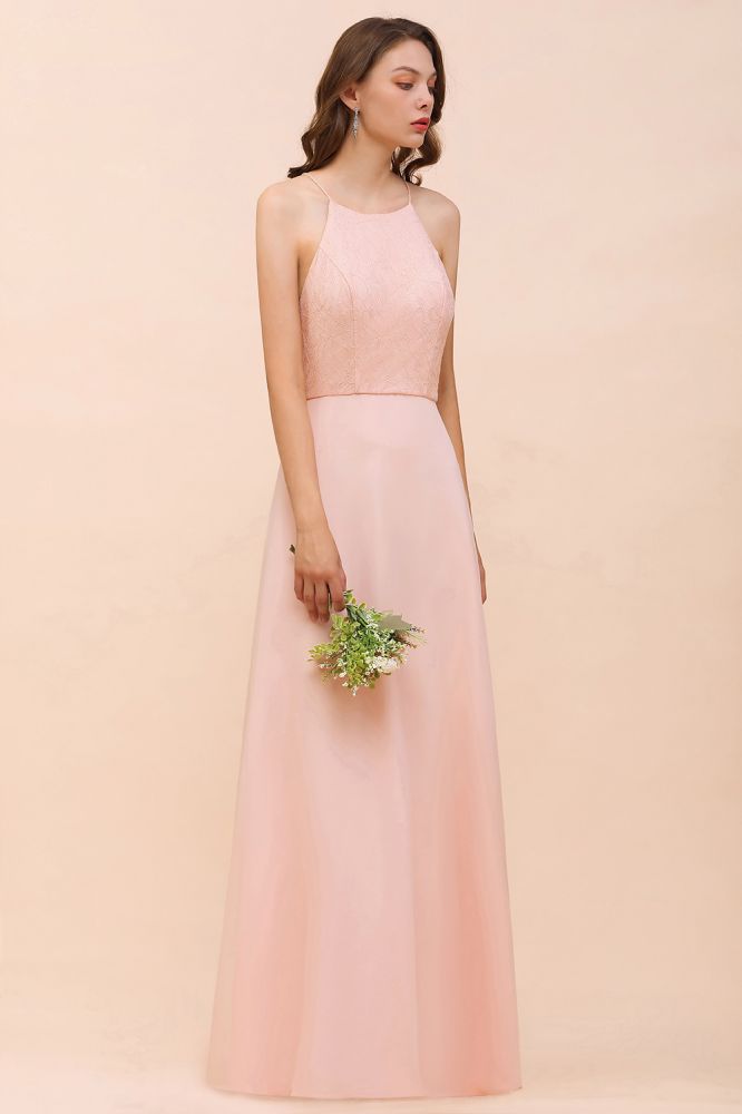 Vestido de dama de honor rosa con escote halter, largo hasta el suelo, para eventos formales.