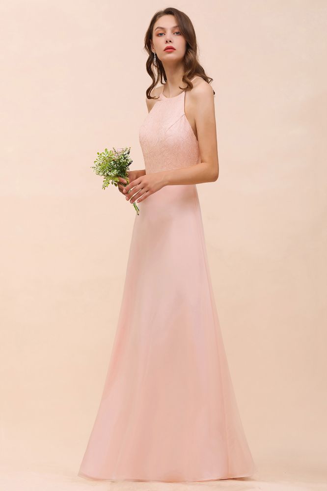 Vestido de dama de honor rosa con escote halter, largo hasta el suelo, para eventos formales.