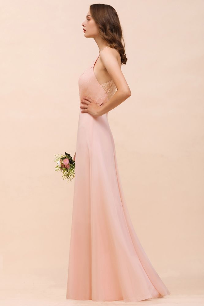 Vestido de dama de honor rosa con escote halter, largo hasta el suelo, para eventos formales.