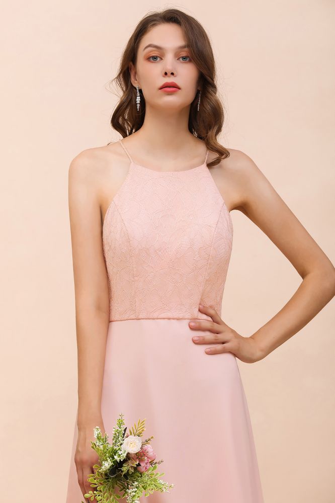 Vestido de dama de honor rosa con escote halter, largo hasta el suelo, para eventos formales.