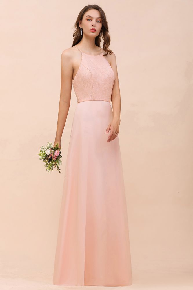 Vestido de dama de honor rosa con escote halter, largo hasta el suelo, para eventos formales.