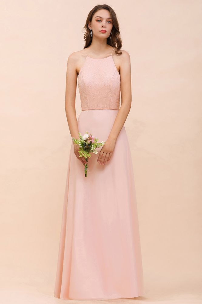 Vestido de dama de honor rosa con escote halter, largo hasta el suelo, para eventos formales.