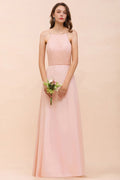 Vestido de dama de honor rosa con escote halter, largo hasta el suelo, para eventos formales.