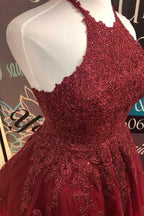 Robe de bal dos nu en dentelle bordeaux, coupe trapèze, dos nu, modèle PD373