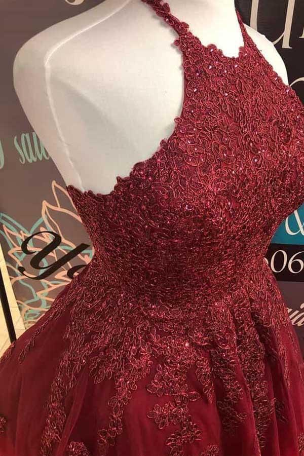 Robe de bal dos nu en dentelle bordeaux, coupe trapèze, dos nu, modèle PD373