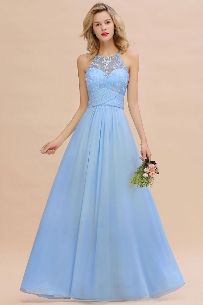 Vestido de dama de honor de gasa con encaje floral, corte línea A, sin mangas y con volantes.