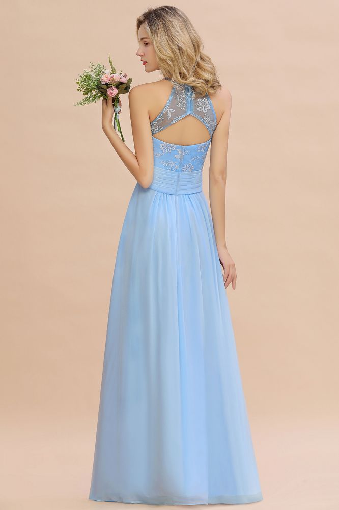 Vestido de dama de honor de gasa con encaje floral, corte línea A, sin mangas y con volantes.