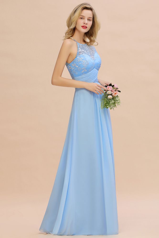 Vestido de dama de honor de gasa con encaje floral, corte línea A, sin mangas y con volantes.