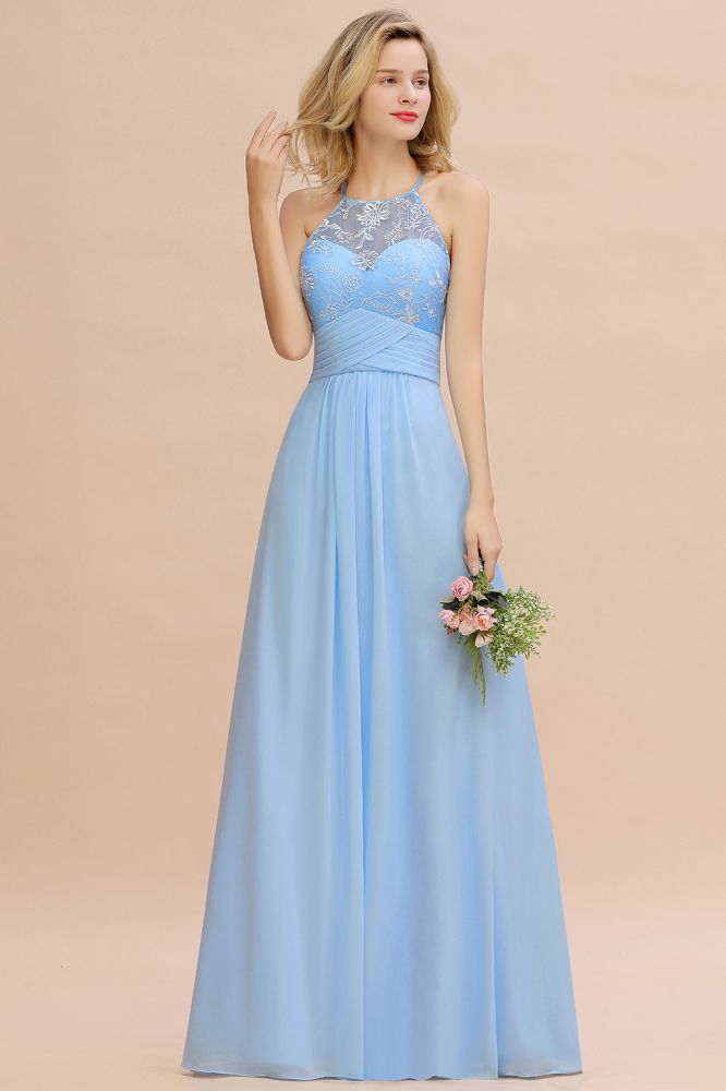 Vestido de dama de honor de gasa con encaje floral, corte línea A, sin mangas y con volantes.