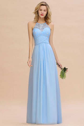 Halter Floral lace aline Chiffon Bridesmaid Dress Sleeveless Ruffle Wedding Guest Dress