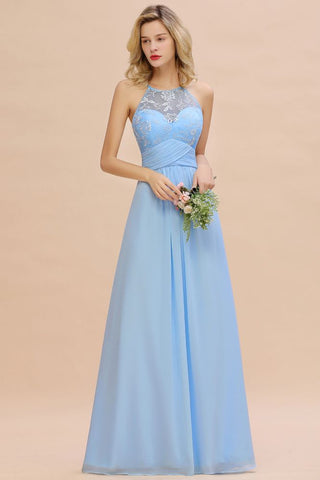 Halter Floral lace aline Chiffon Bridesmaid Dress Sleeveless Ruffle Wedding Guest Dress