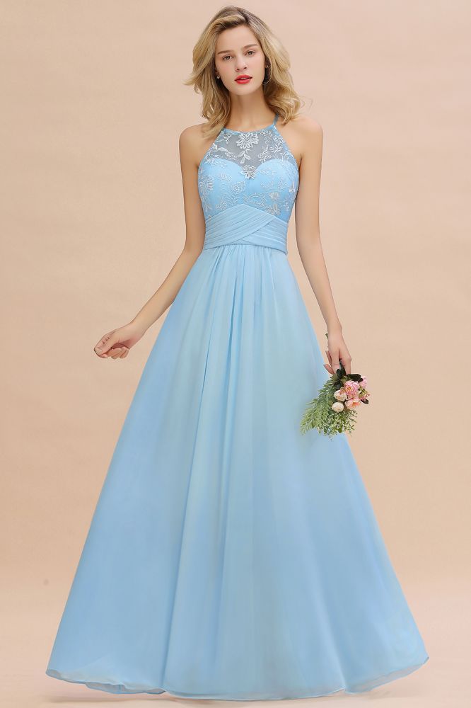 Vestido de dama de honor de gasa con encaje floral, corte línea A, sin mangas y con volantes.