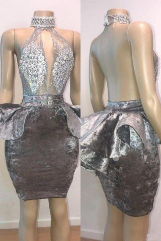 Vestidos cortos de fiesta con apliques y escote halter con abertura en forma de ojo de cerradura