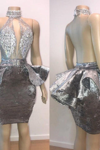 Vestidos cortos de fiesta con apliques y escote halter con abertura en forma de ojo de cerradura